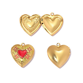 304 Stainless Steel Enamel Locket Pendants, Heart with Flower Charm, Real 18K Gold Plated, Ion Plating(IP), Long-Lasting Plated, Red, 25x23mm, Hole: 2mm