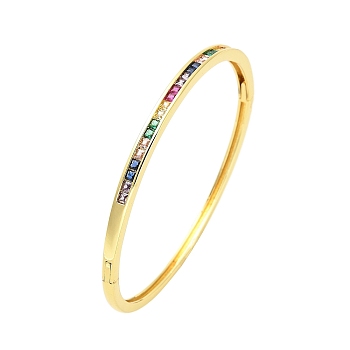 Brass Pave Colorful Glass Hinged Bangles for Women, Real 18K Gold Plated, 0.25~0.35cm, Inner Diameter: 2-1/4x2 inch(5.75x5.15cm)