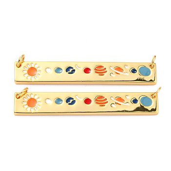 Brass Enamel Pendants Links, Solar System Pendants, with Jump Rings, Long-Lasting Plated, Rectangle & Planet, Colorful, Real 18K Gold Plated, 6x39x1.5mm, Hole: 3mm