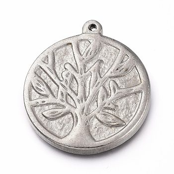 304 Stainless Steel Pendants, Flat Round with Tree of Life, Stainless Steel Color, 28x24.5x3mm, Hole: 1.2mm