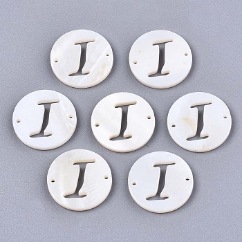 Natural Freshwater Shell Links Connectors, Flat Round with Letter, Letter.I, 14.5x1.5mm, Hole: 0.9mm