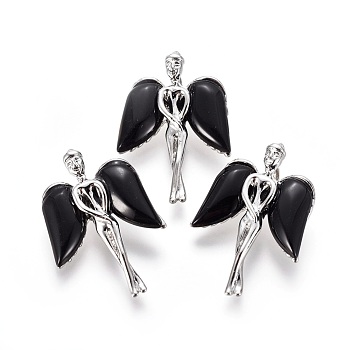 Natural Obsidian Pendants, with Platinum Tone Brass Findings, Angel, 34x23x8mm, Hole: 5x3mm