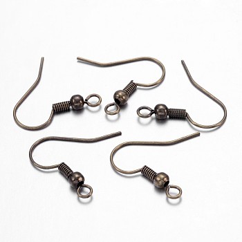 Brass Earring Hooks, Ear Wire, with Beads and Horizontal Loop, Nickel Free, Antique Bronze, 19mm, Hole: 1.5mm, 21 Gauge, Pin: 0.7mm