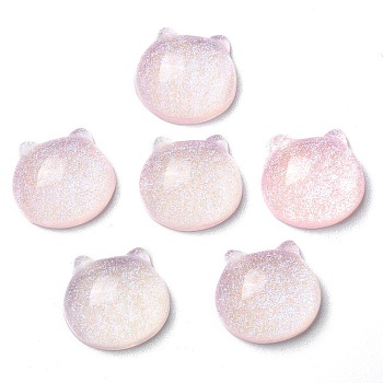 Translucent Resin Cabochons, Glitter Bear Heads, Pink, 14x15x6.5mm