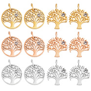 DICOSMETIC 12Pcs 2 Style 3 Colors 316 Surgical Stainless Steel Pendants, with Cubic Zirconia, Tree & Flat Round with Tree, Mixed Color, 12x12x2mm, Hole: 3mm, 2pcs/color(STAS-DC0006-16)