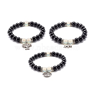 Natural Obsidian & Opalite Round Beads Energy Stretch Bracelet, Alloy Charm Bracelet for Girl Women, Mixed Shape, Antique Silver, Inner Diameter: 2-1/4 inch(5.7cm)(BJEW-JB06967)