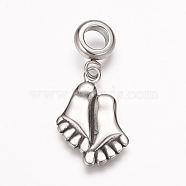 304 Stainless Steel European Dangle Charms, Large Hole Pendants, Foot, Antique Silver, 32mm, Hole: 5mm, Pendant: 22x15x2mm(OPDL-K001-14AS)