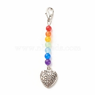 Chakra Theme Natural & Dyed Malaysia Jade Beaded Pendant Decorations, with Lobster Claw Clasps, Tibetan Style Alloy Pendants, Heart, Colorful, 61.5mm(HJEW-JM00641-02)