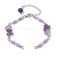 Natural Amethyst Chips & Handmade Seed Beads Bracelet Making, with 304 Stainless Steel Ends Chains, 7 inch(17.9cm)(AJEW-MZ00001-03)