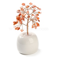 Natural Carnelian Chips Tree of Life Decorations, Round Porcelain Base with Copper Wire Feng Shui Energy Stone Gift for Home Office Desktop Decoration, 57x113~129mm(DJEW-C016-02B)