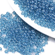 Transparent Glass Beads, Lustered, Round, Steel Blue, 4x3mm, Hole: 1mm, about 4500pcs/bag(SEED-S040-08A-03)
