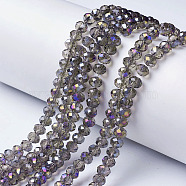 Electroplate Transparent Glass Beads Strands, Half Rainbow Plated, Faceted, Rondelle, Dark Gray, 6x5mm, Hole: 1mm, about 83~85pcs/strand, 38~39cm(EGLA-A034-T6mm-F11)