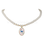 White Glass Pearl Beaded Necklaces, Alloy Enamel Pendants Necklaces  for Women, Flower, Golden, Bird, 15.63 inch(39.7cm)(NJEW-JN04652-05)