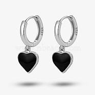 Rhodium Plated 925 Sterling Silver Hoop Earring, Enamel Heart Dangle Earring for Women, Platinum, Black, 20x8mm(JH7527-2)