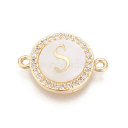 Brass Micro Pave Cubic Zirconia Links, with Shell, Long-Lasting Plated, Lead Free & Cadmium Free & Nickel Free, Real 18K Gold Plated, Flat Round with Letter, Clear, Letter.S, 13.5x18.5x4.5mm, Hole: 1.4mm(ZIRC-L078-006S-NR)