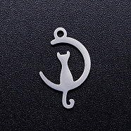 304 Stainless Steel Kitten Pendants, Laser Cut, Cat on the Crescent Moon Shape, Stainless Steel Color, 17.5x11x1mm, Hole: 1.5mm(A-STAS-Q201-JN272-1)