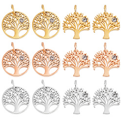 DICOSMETIC 12Pcs 2 Style 3 Colors 316 Surgical Stainless Steel Pendants, with Cubic Zirconia, Tree & Flat Round with Tree, Mixed Color, 12x12x2mm, Hole: 3mm, 2pcs/color(STAS-DC0006-16)