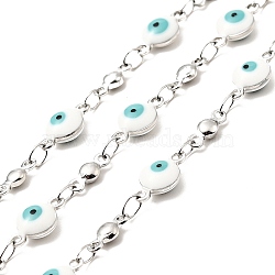 Enamel Flat Round with Evil Eye Link Chains, with Stainless Steel Color Plated 304 Stainless Steel Findings, Unwelded, with Spool, White, 11x6x3mm, 8x3x2mm(CHS-G021-01P-04)
