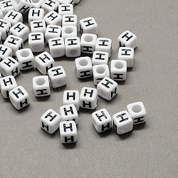 Large Hole Acrylic Letter European Beads, Horizontal Hole, White & Black, Cube with Letter.H, 10x10x10mm, Hole: 4mm(X-SACR-Q103-10mm-01H)