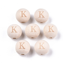 Unfinished Natural Wood European Beads, Large Hole Beads, Laser Engraved Pattern, Round with Word, Letter.K, 15~16x14~15mm, Hole: 4mm(WOOD-S045-143A-01K)