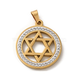 304 Stainless Steel with Rhinestone Pendants, Hexagram, Real 18K Gold Plated, 25x22x2mm, Hole: 6x3.4mm(STAS-O005-27G)