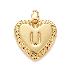 Rack Plating Real 18K Gold Plated Brass Pendants, with Jump Rings, Long-Lasting Plated, Lead Free & Cadmium Free & Nickel Free, Heart with Letter A~Z, Letter.U, 16x15x2.5mm, Jump Ring: 5x0.5mm, 3mm Inner Diameter(KK-E260-01G-U)