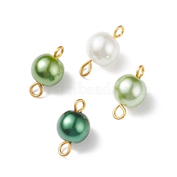 Glass Imitation Pearl Connector Charms, with Golden Plated Double Iron Loops, Round, Lime, 14x7.5mm, Hole: 1.8mm and 2.5mm(PALLOY-JF01881-03)