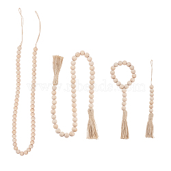 Pine Wood Bead Garlands, with Hemp Rope Tassels, Wooden Bead String Wall Hanging, for Home Decoation, Blanched Almond, 4pcs/set(AJEW-PH0017-63)