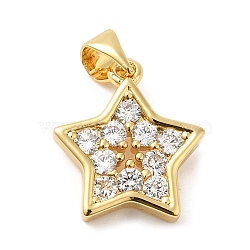 Rack Plating Brass Micro Pave Clear Cubic Zirconia Pendants, Long-Lasting Plated, Cadmium Free & Lead Free, Star Charm, Real 18K Gold Plated, 16.5x14.5x2.5mm, Hole: 4x3mm(KK-Q784-23G)