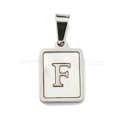 304 Stainless Steel Pave Natural White Shell Pendants, Rectangle with Letter Charms, Stainless Steel Color, Letter F, 17.5x12x1.5mm, Hole: 6x3mm(STAS-S130-03P-F)