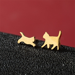 Stainless Steel Stud Earrings, Cat Shape Asymmetrical Earrings, Golden, 5x10mm(PW-WG95520-29)