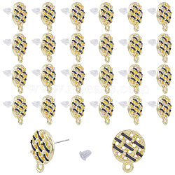 40Pcs Alloy Stud Earring Findings, with Horizontal Loops & Enamel & Raw(Unplated) Pins, Flat Round, with 50Pcs Plastic Ear Nuts, Black, 16x13mm, Hole: 1.6mm, Pin: 0.7mm(ENAM-DC0001-19)