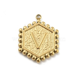 201 Stainless Steel Pendants, Golden, Hexagon with Letter Charm, Letter V, 21x16.5x2mm, Hole: 1.5mm(STAS-R227-01V-G)