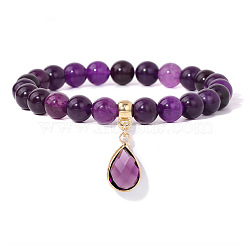 Natural Amethyst Beaded Stretch Bracelets, with Teardrop Charm, 7-1/2 inch(19cm)(PW-WGB60EB-08)