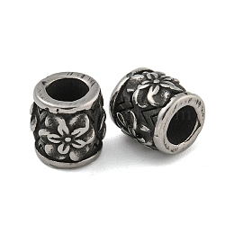 Retro 304 Stainless Steel European Beads, Large Hole Beads, Column with Flower, Antique Silver, 8x8.5mm, Hole: 4.5mm(STAS-B071-09AS)