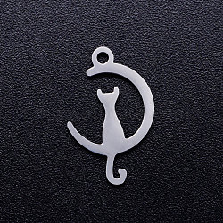 Non-Tarnish 304 Stainless Steel Kitten Pendants, Laser Cut, Cat on the Crescent Moon Shape, Stainless Steel Color, 17.5x11x1mm, Hole: 1.5mm(A-STAS-Q201-JN272-1)