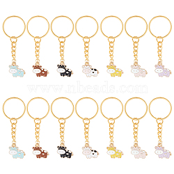 Cute Cow Alloy Enamel Pendant Keychain, with Iron Findings, for Keychain, Purse, Backpack Ornament, Mixed Color, 6.8cm, 14pcs/set(KEYC-PH01514)