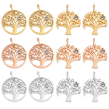 DICOSMETIC 12Pcs 2 Style 3 Colors 316 Surgical Stainless Steel Pendants, with Cubic Zirconia, Tree & Flat Round with Tree, Mixed Color, 12x12x2mm, Hole: 3mm, 2pcs/color