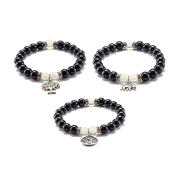 Natural Obsidian & Opalite Round Beads Energy Stretch Bracelet, Alloy Charm Bracelet for Girl Women, Mixed Shape, Antique Silver, Inner Diameter: 2-1/4 inch(5.7cm)
