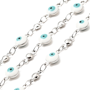 Enamel Flat Round with Evil Eye Link Chains, with Stainless Steel Color Plated 304 Stainless Steel Findings, Unwelded, with Spool, White, 11x6x3mm, 8x3x2mm