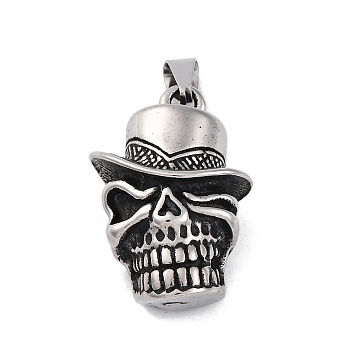 304 Stainless Steel Pendants, Skull with Hat Charm, Antique Silver, 33.5x22.5x13.5mm, Hole: 8x4.5mm