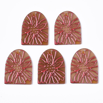 Cellulose Acetate(Resin) Pendants, 3D Printed, Half Oval with Sakura Flower, Sienna, 36x27.5x2mm, Hole: 1.6mm
