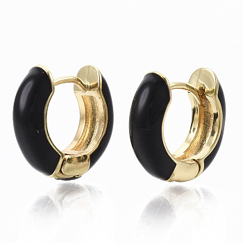 Brass Huggie Hoop Earrings, with Enamel, Real 18K Gold Plated, Black, 14x15x5mm, Pin: 1x1mm