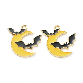 Alloy Enamel Pendants, Jewelry Accessory, Halloween Theme, Light Gold, Moon with Bat, Yellow, 25x25x1.5mm, Hole: 2mm