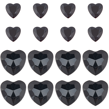 200Pcs 2 Style Acrylic Rhinestone Cabochons, Flat Back & Back Plated, Faceted, Heart, Black, 15~25x14.5~24x2~4mm, 100pcs/style