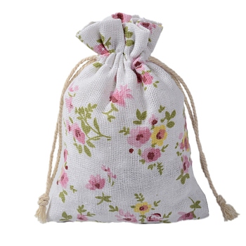 Cotton Cloth Packing Pouches Drawstring Bags, Rectangle, Floral Pattern, 14x10cm