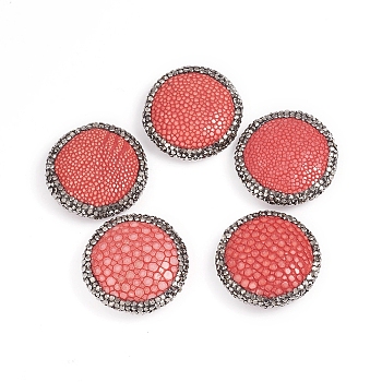 Pearl Fishskin Leather Beads, with Polymer Clay Rhinestone, Flat Round, Jet Hematite, Red, 32~33x10~11mm, Hole: 1mm