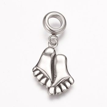 304 Stainless Steel European Dangle Charms, Large Hole Pendants, Foot, Antique Silver, 32mm, Hole: 5mm, Pendant: 22x15x2mm