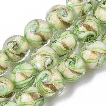 Handmade Gold Sand Lampwork Beads Strands, Round, Pale Green, 11.5~12.5x11~12mm, Hole: 1.2mm, about 45pcs/Strand, 20.08 inch