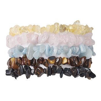 12 Constellation Natural Mixed Gemstone Chip Beaded Stretch Bracelets Sets for Women Men, Virgo, Inner Diameter: 2-1/8 inch(5.5cm), 4pcs/set